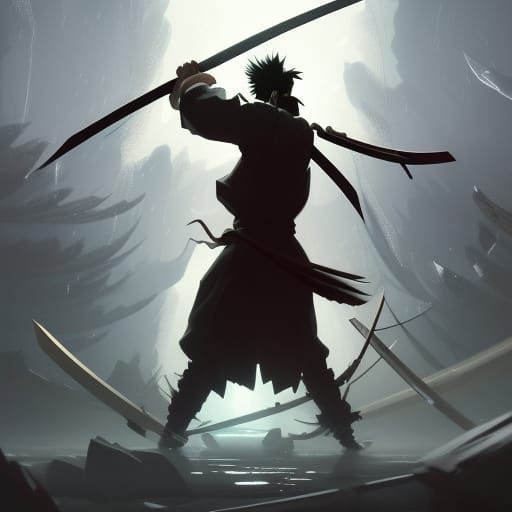 Samurai Jack with Blazing Sword in Dark Fantasy Art
