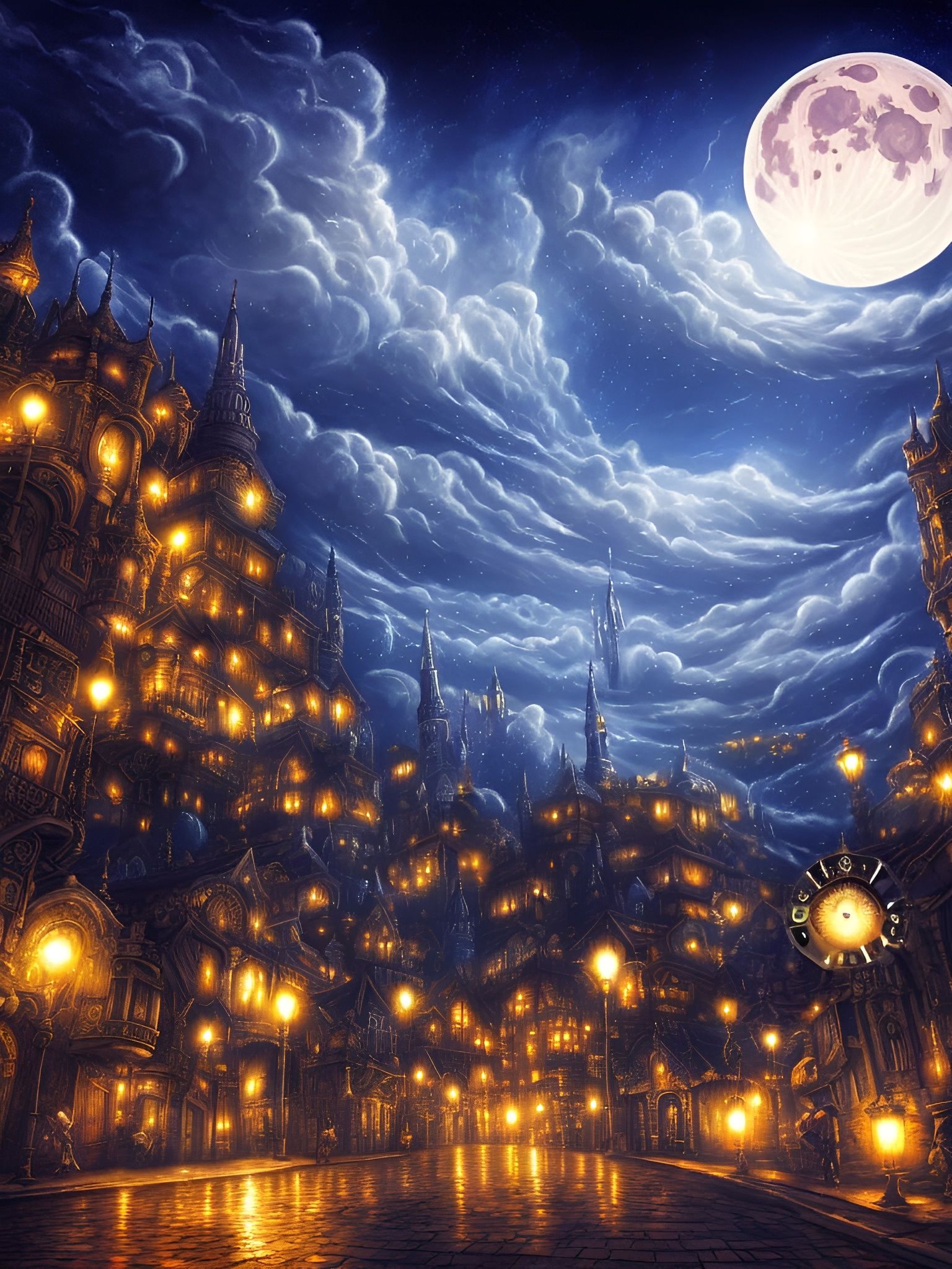 Intricate Moon Over Magic Clock Town in Fantasy Sky