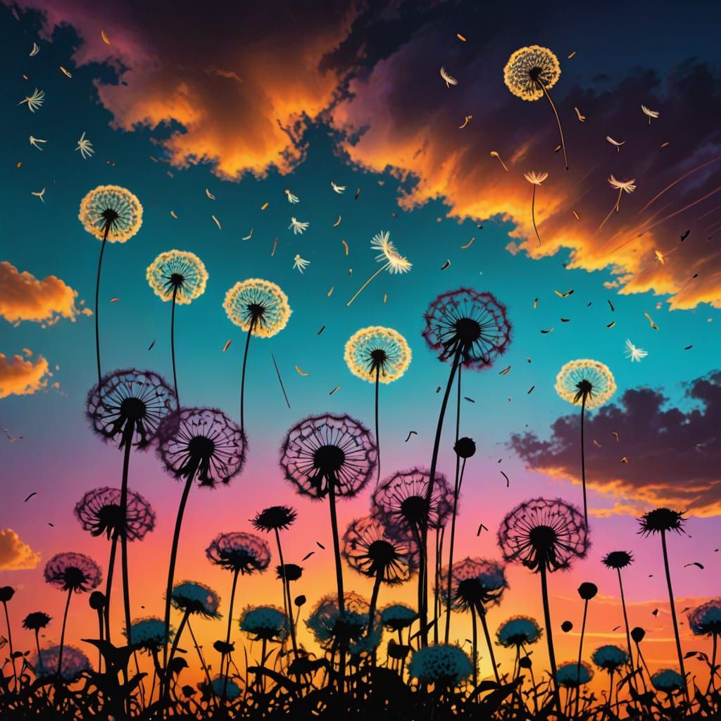 Vibrant Sunset Silhouettes of Dandelions and Seeds