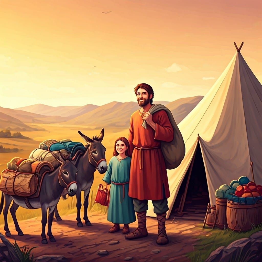 A family from biblical times in a tent with a sack on their shoulders and very happy near the tent Donkeys with many pac...