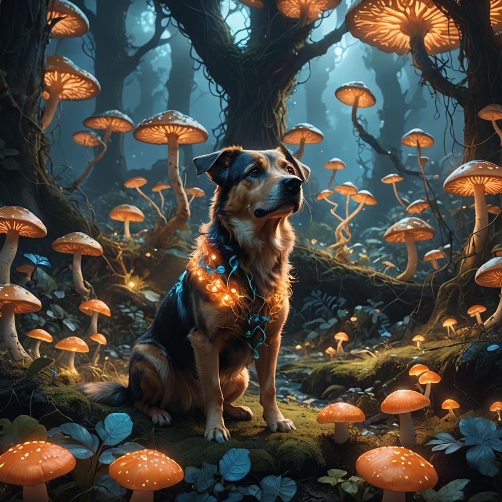 Dog in Bioluminescent Forest: Digital Matte Painting