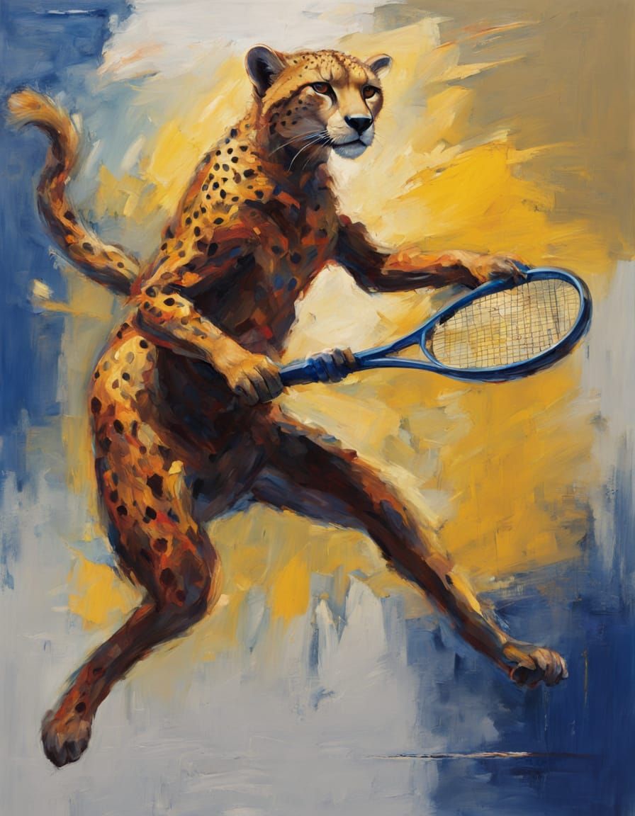 Cheetah Tennis Player in Oil Painting Style