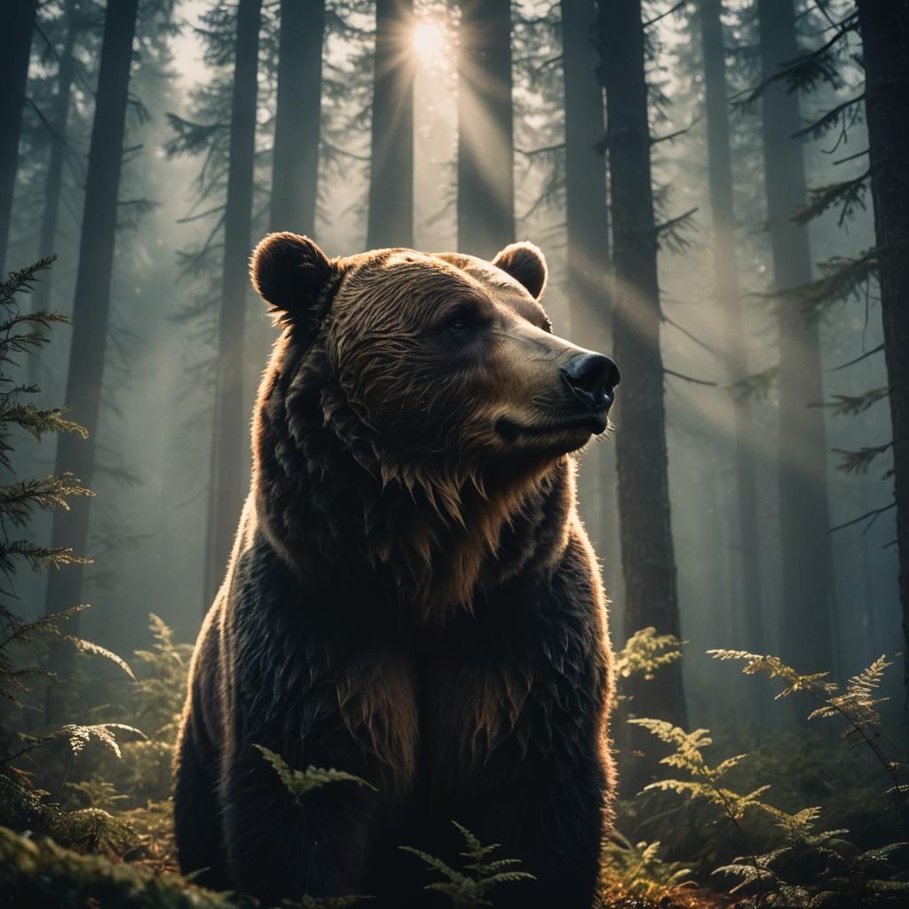 Majestic Bear in Moonlit Forest, Cinematic Film Still