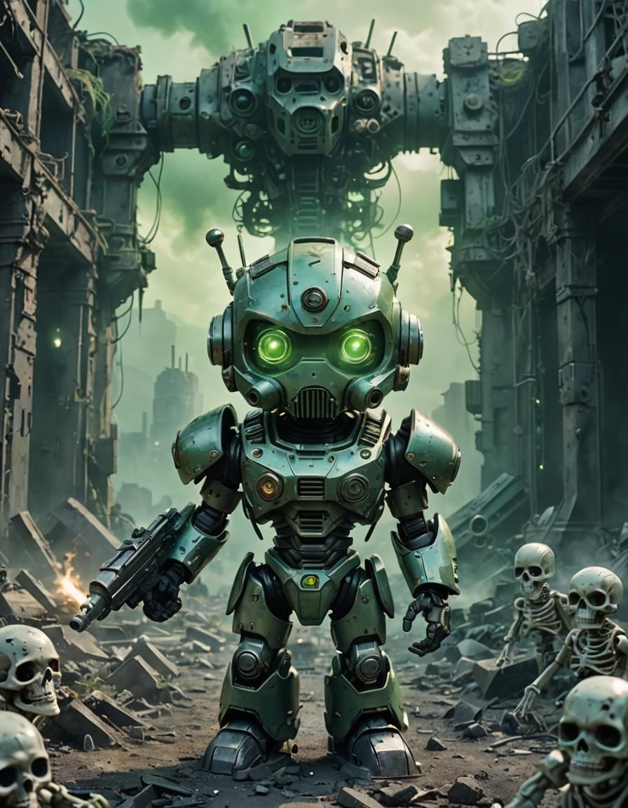 Chibi Robot in Ruins: 3D Anime Style Portrait