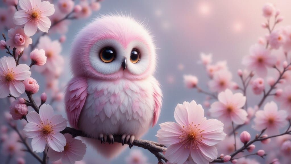 Chibi Owl Made of Cherry Blossoms Under Moonlight