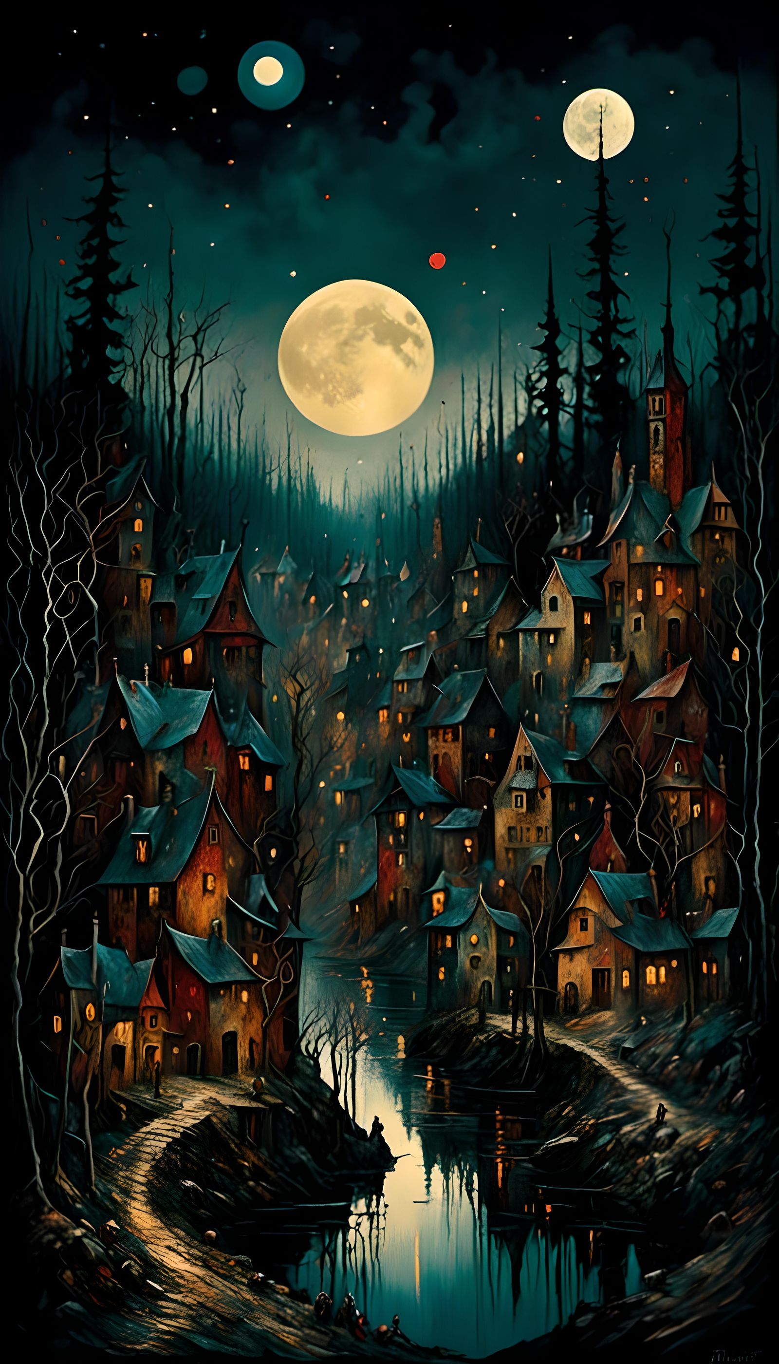 Forest Village on River at Night