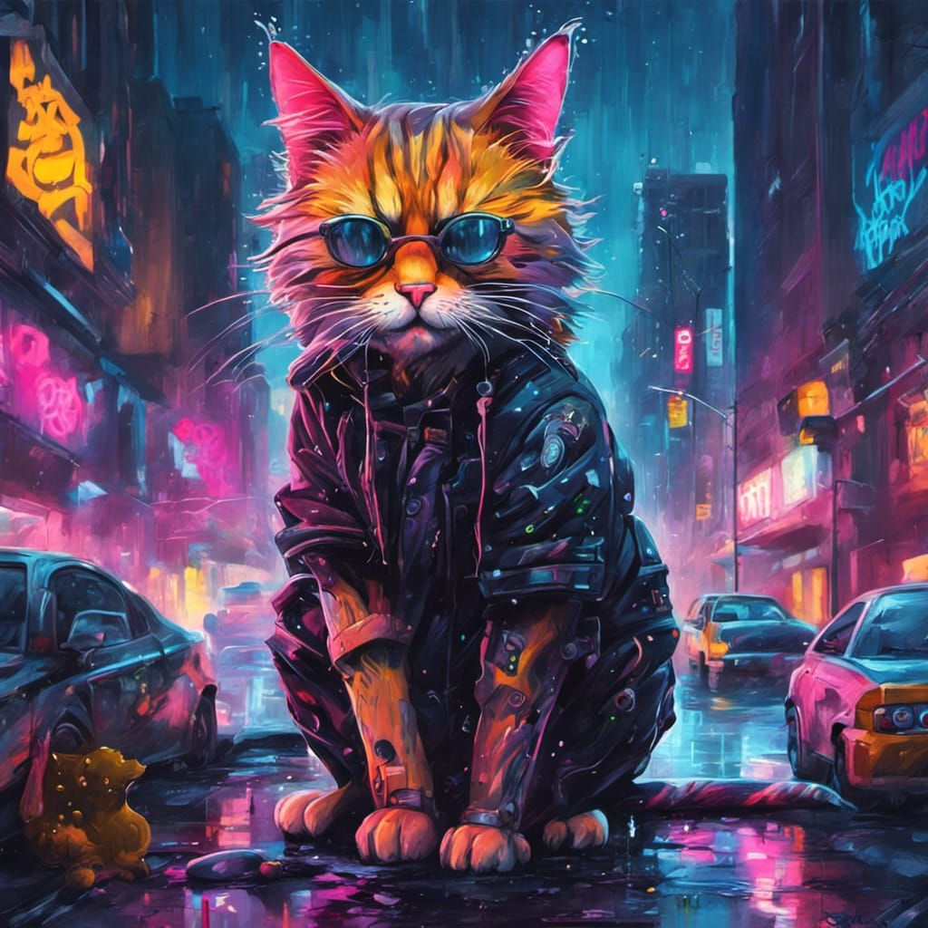 Cyberpunk Cat in Rainy Neon Cityscape