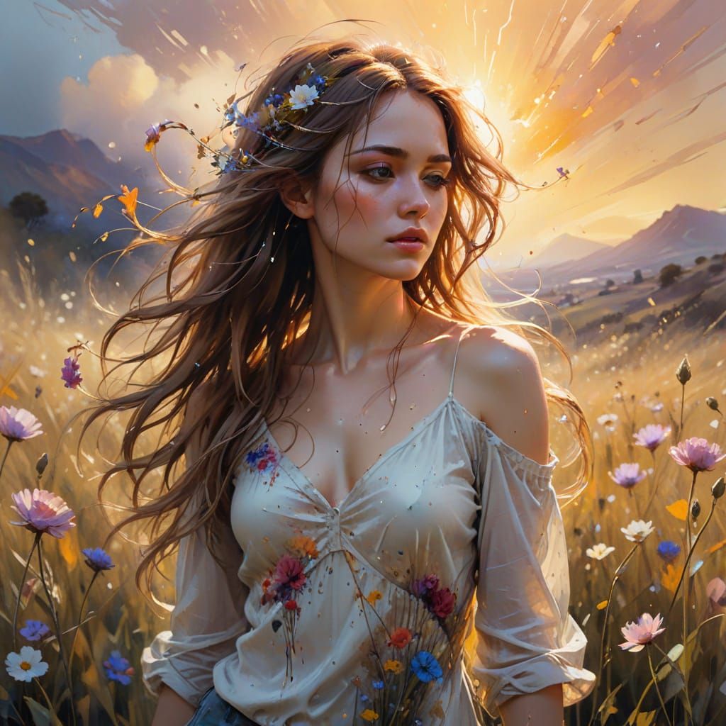 Ethereal Girl in Flower Field, Watercolor Splash Art