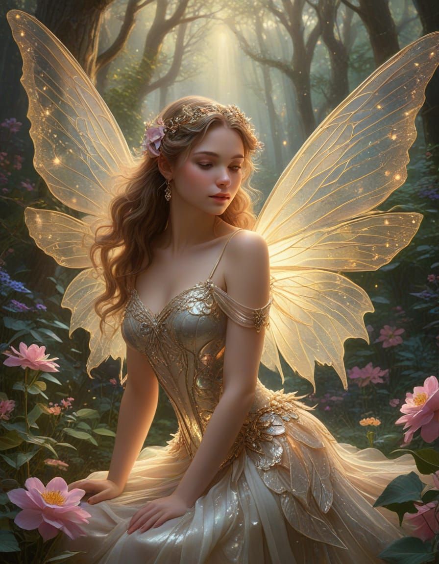 Enchanting Fairy with Translucent Wings in Dreamy Forest