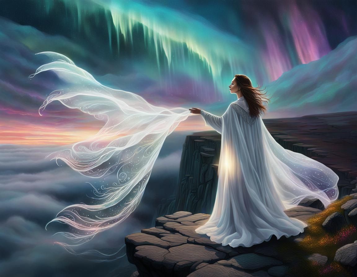 Ethereal Woman on Misty Cliff, Oil Painting