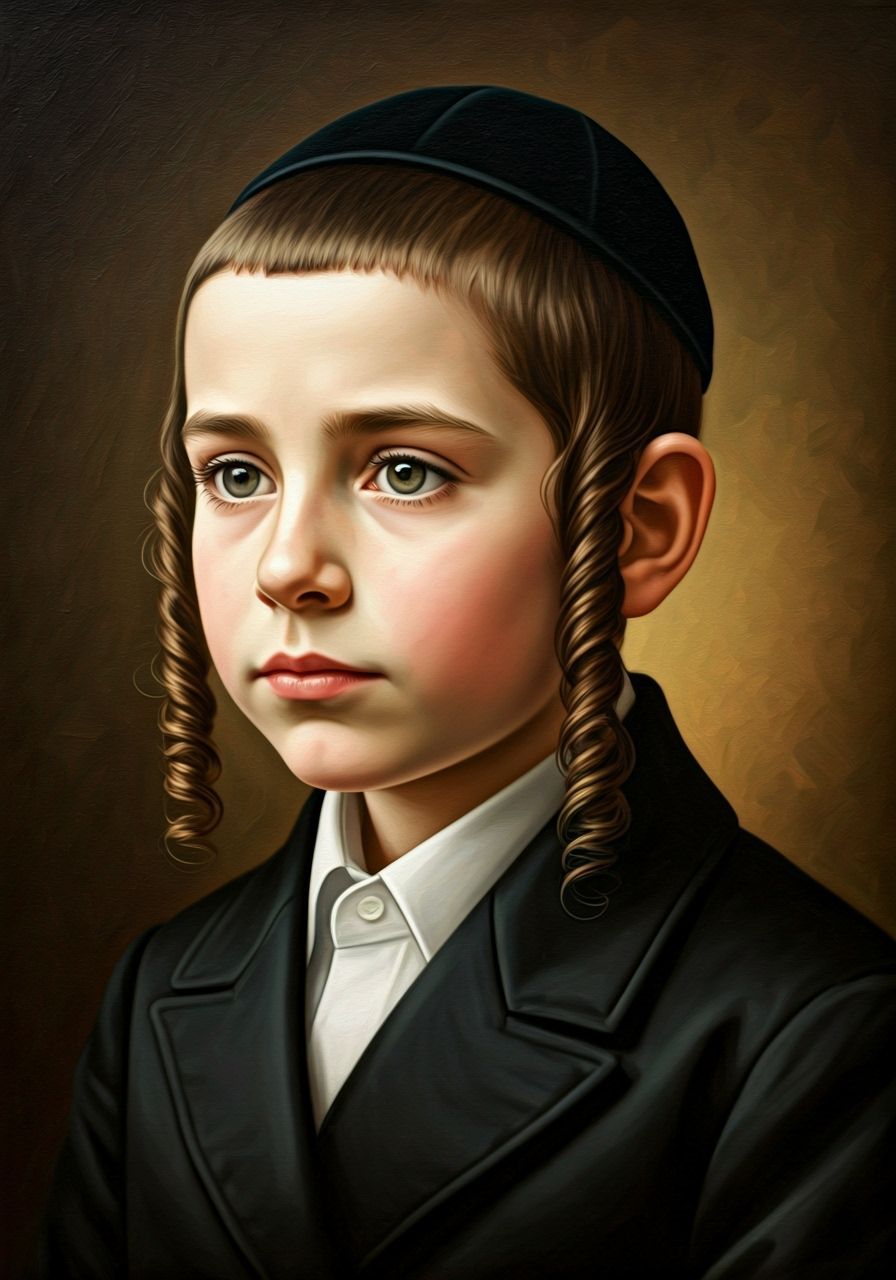 Classical Oil Portrait of Hasidic Boy in 19th Century Style