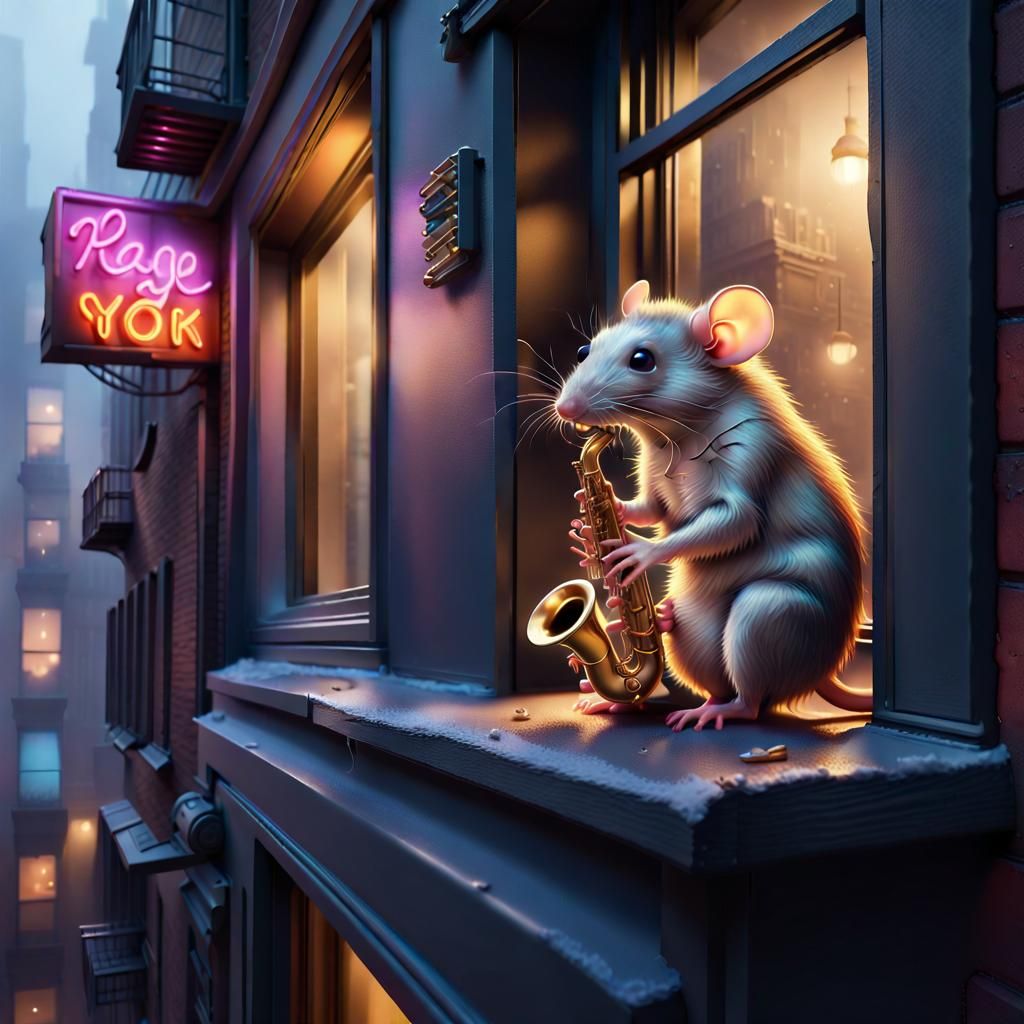 Rat Saxophonist in Foggy City: Hyperrealistic Splash Art