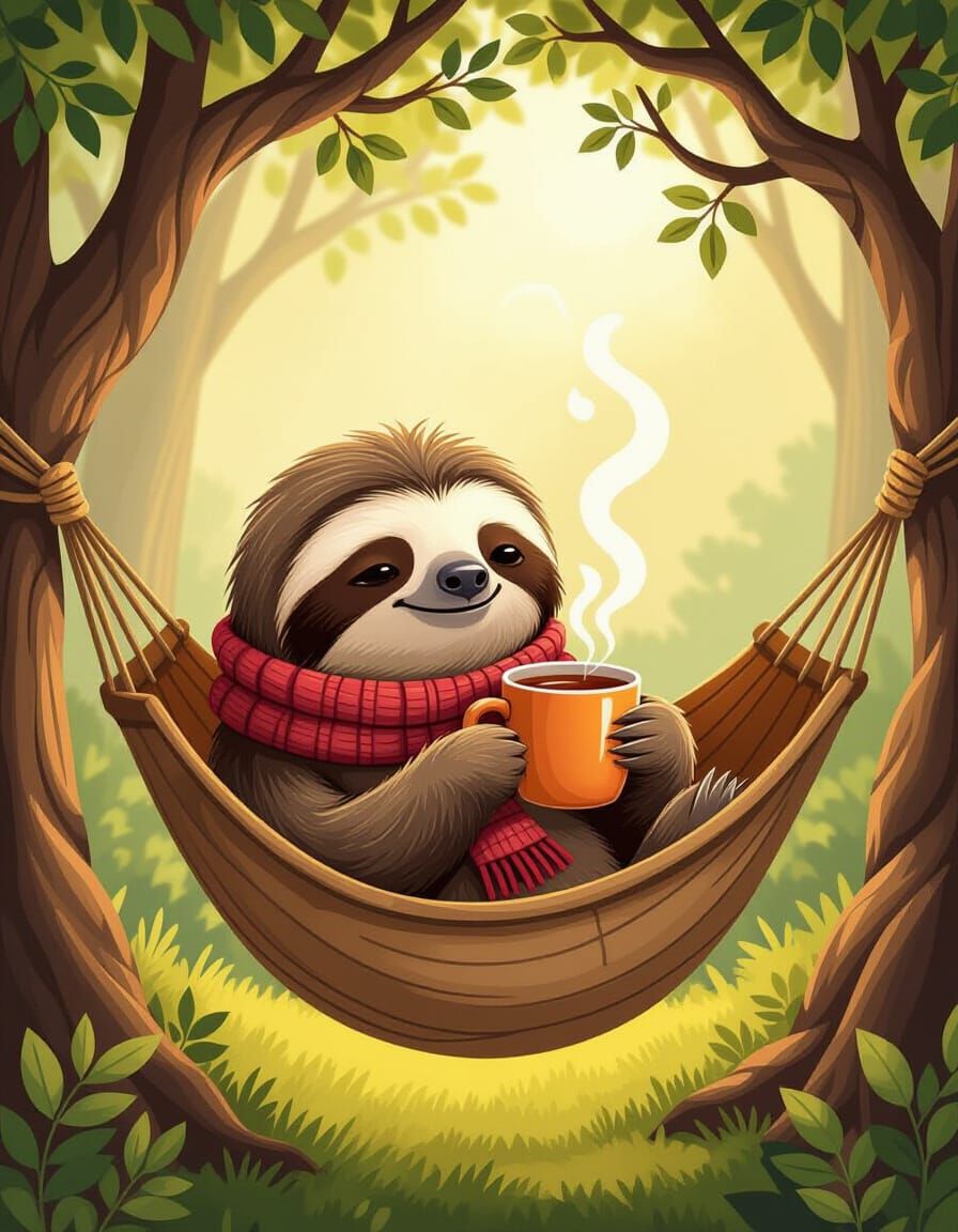 Cozy Sloth Enjoys Tea in Hammock Illustration