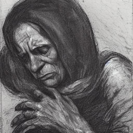 Grieving Mother and Child in Kollwitz-Inspired Print