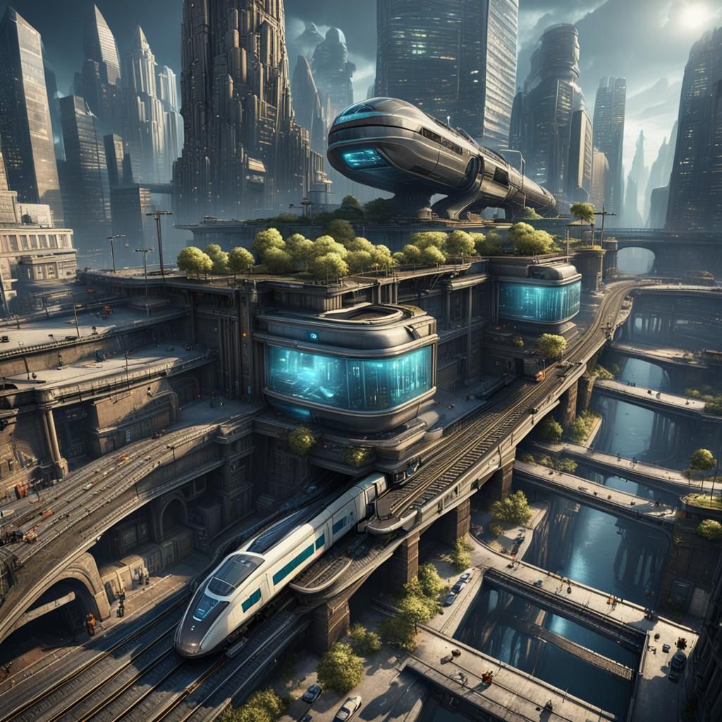 Futuristic Metallic Cityscape in Science Fiction Art