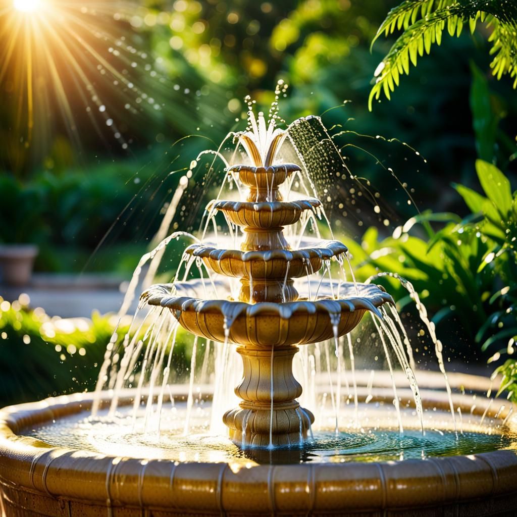 Vibrant Fountain in a Sunlit Garden: Macro Photography