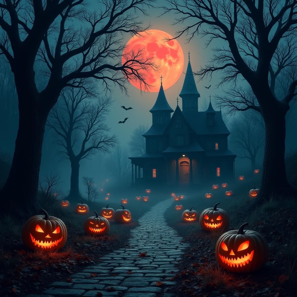 Haunted Mansion Under Blood Moon in Beksiński Style