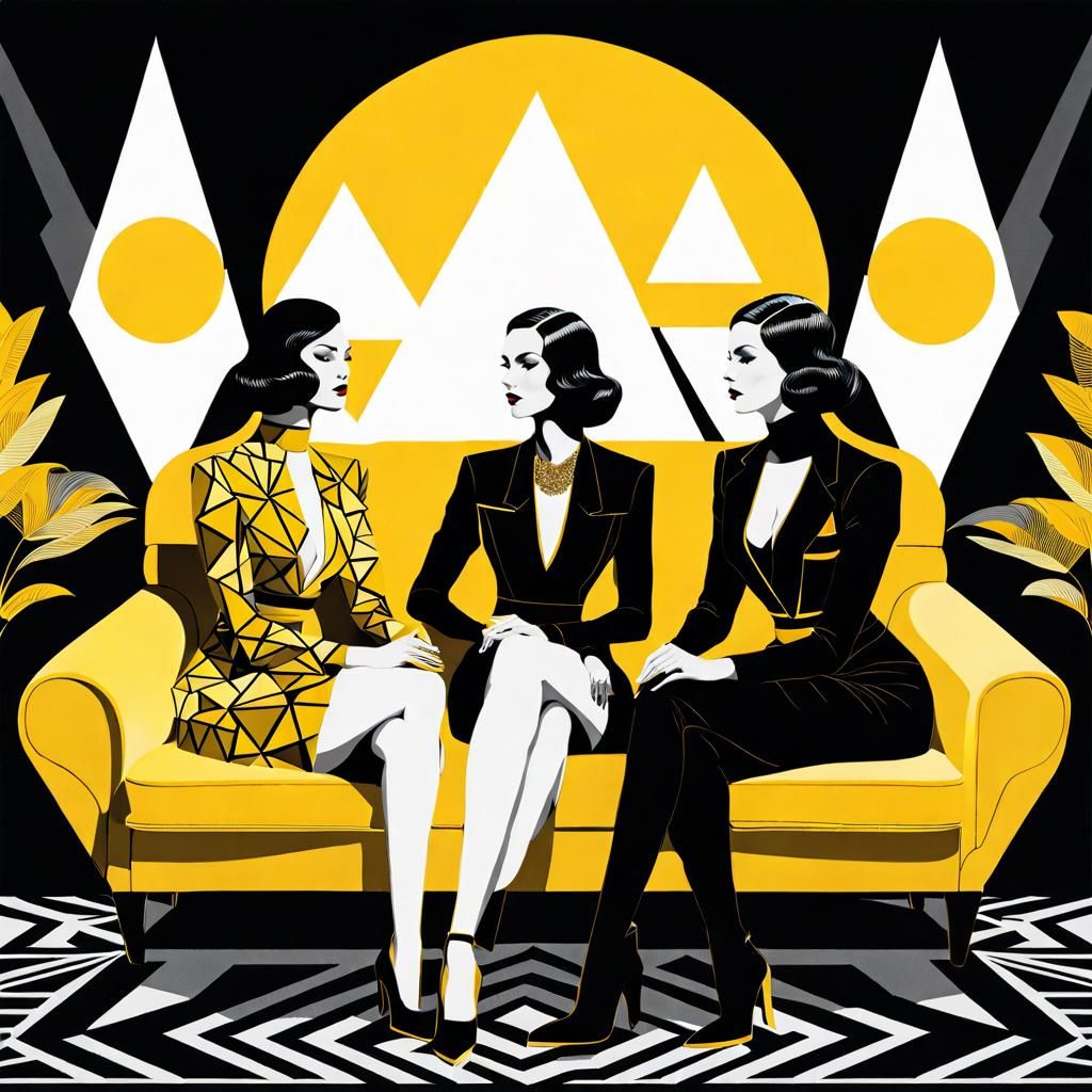 Art Deco Illustration of Women in Black and Yellow