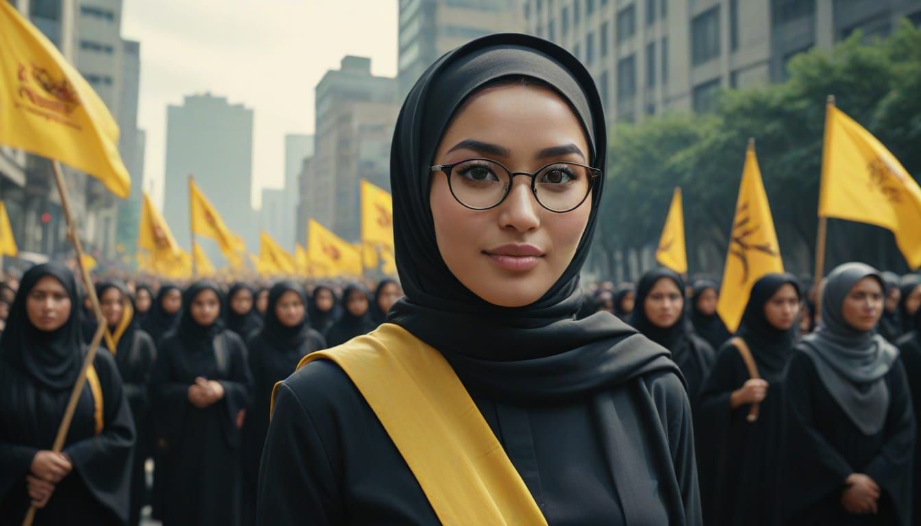 Confident Young Woman Holds Portrait in Public Gathering