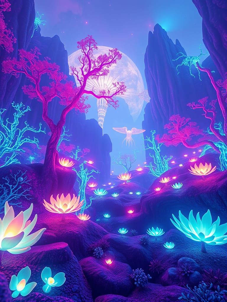 Bioluminescent Landscape in Hyperrealistic 3D Style