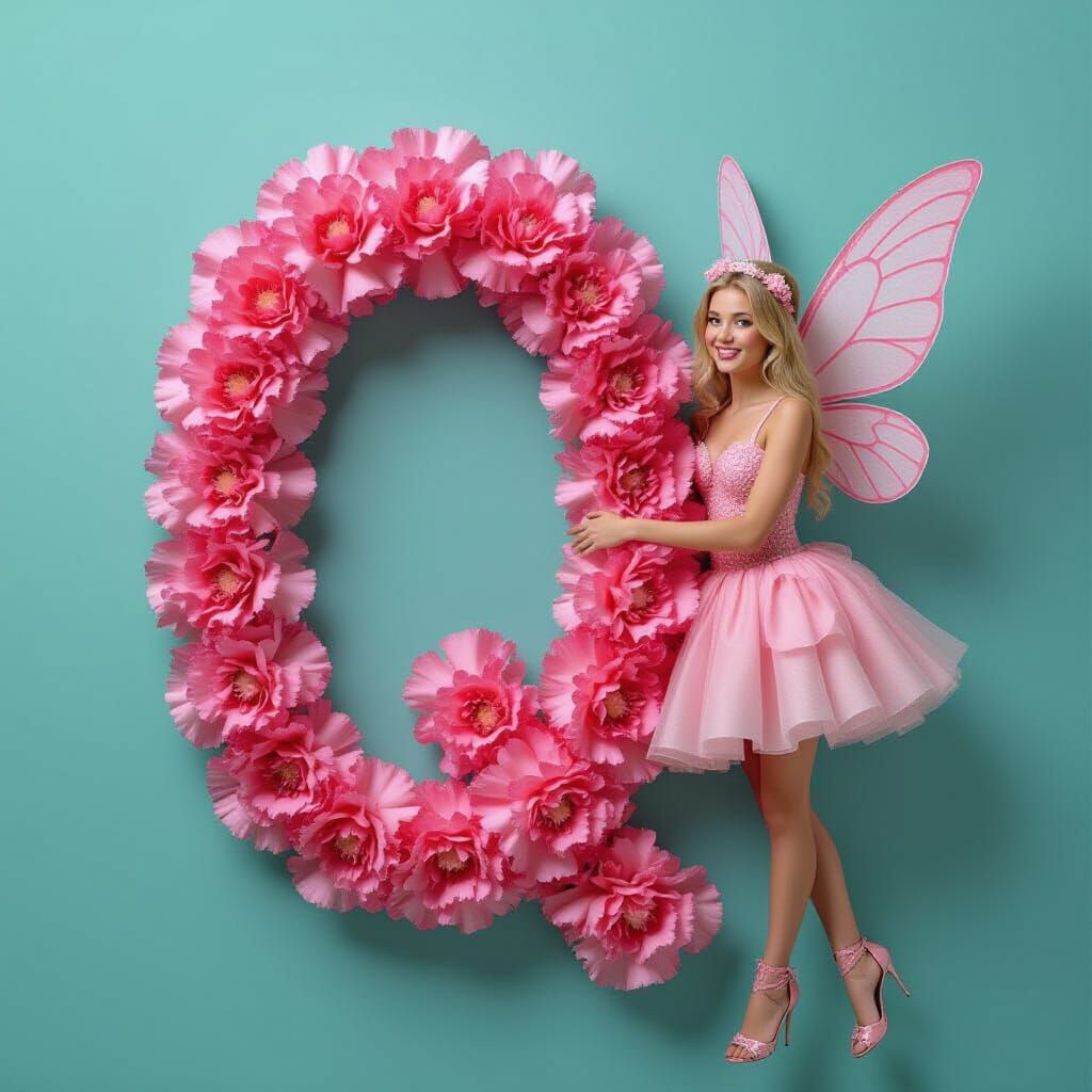 Pink Fairy Beside Carnation Letter Q