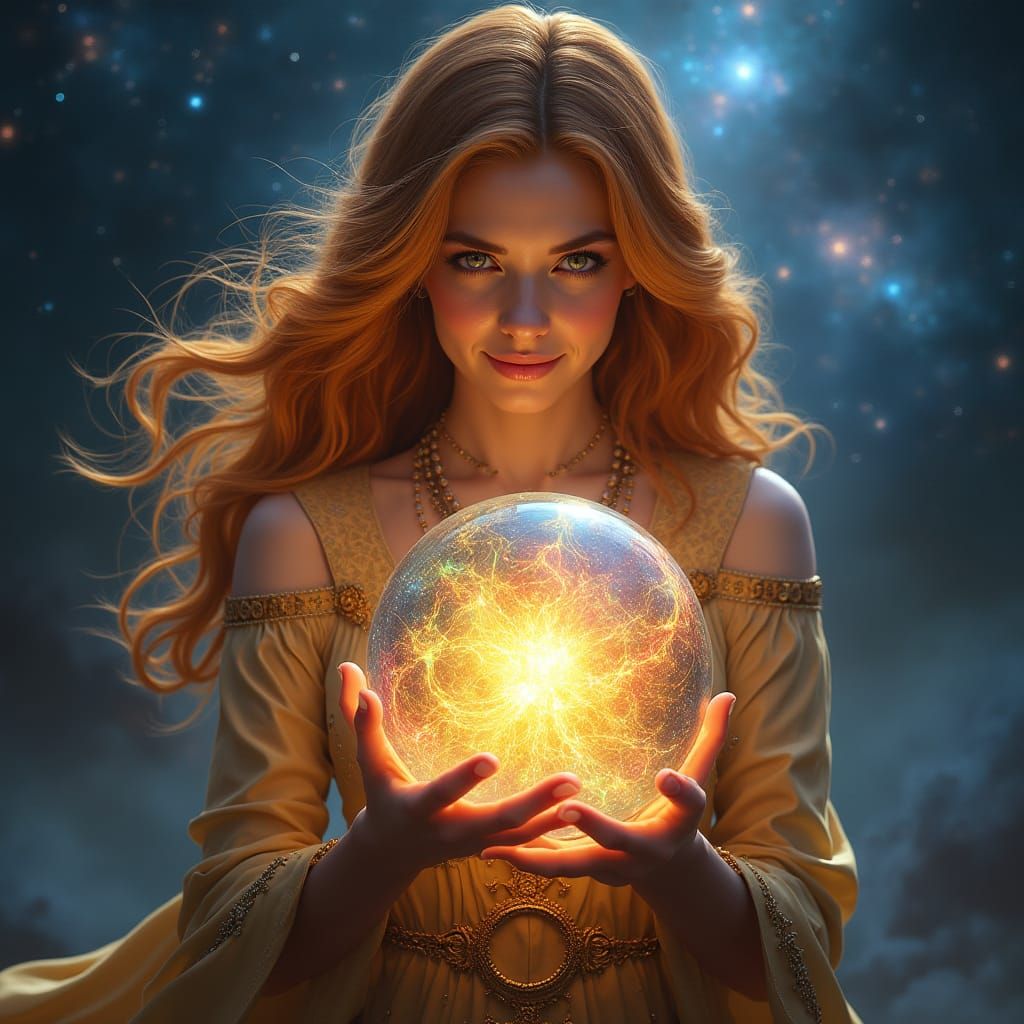 Golden Sorceress With Crystal Ball Amidst Stars