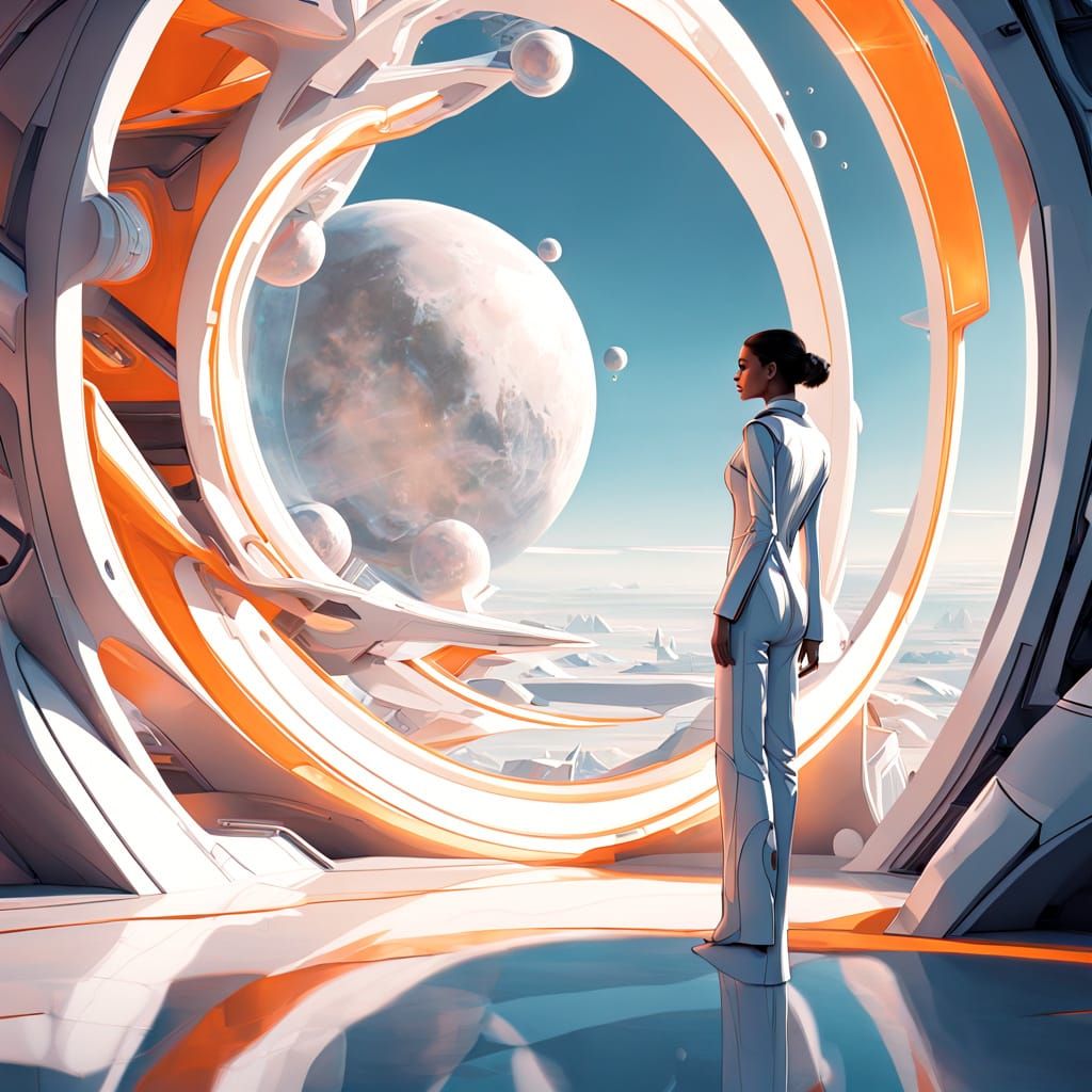 Futuristic Inventor in Zero-Gravity Lab Amidst Celestial Won...