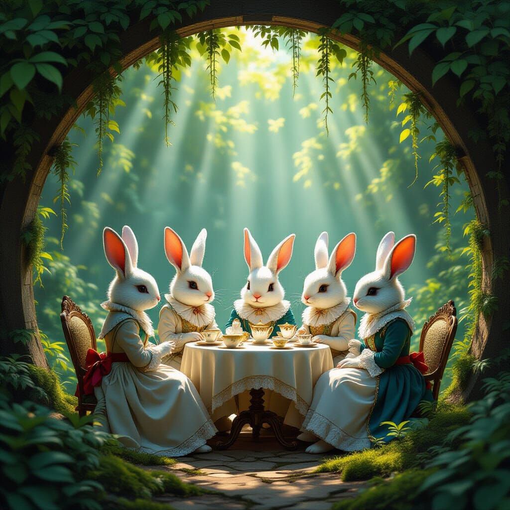 Victorian Rabbits Enjoying a Whimsical Tea Party in a Grotto