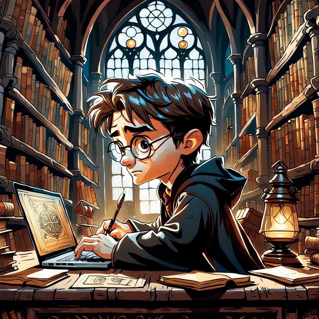 Harry Potter in Cartoon Style Works on Laptop