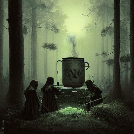 Sinister Witches Brewing Potion in Forest Cauldron