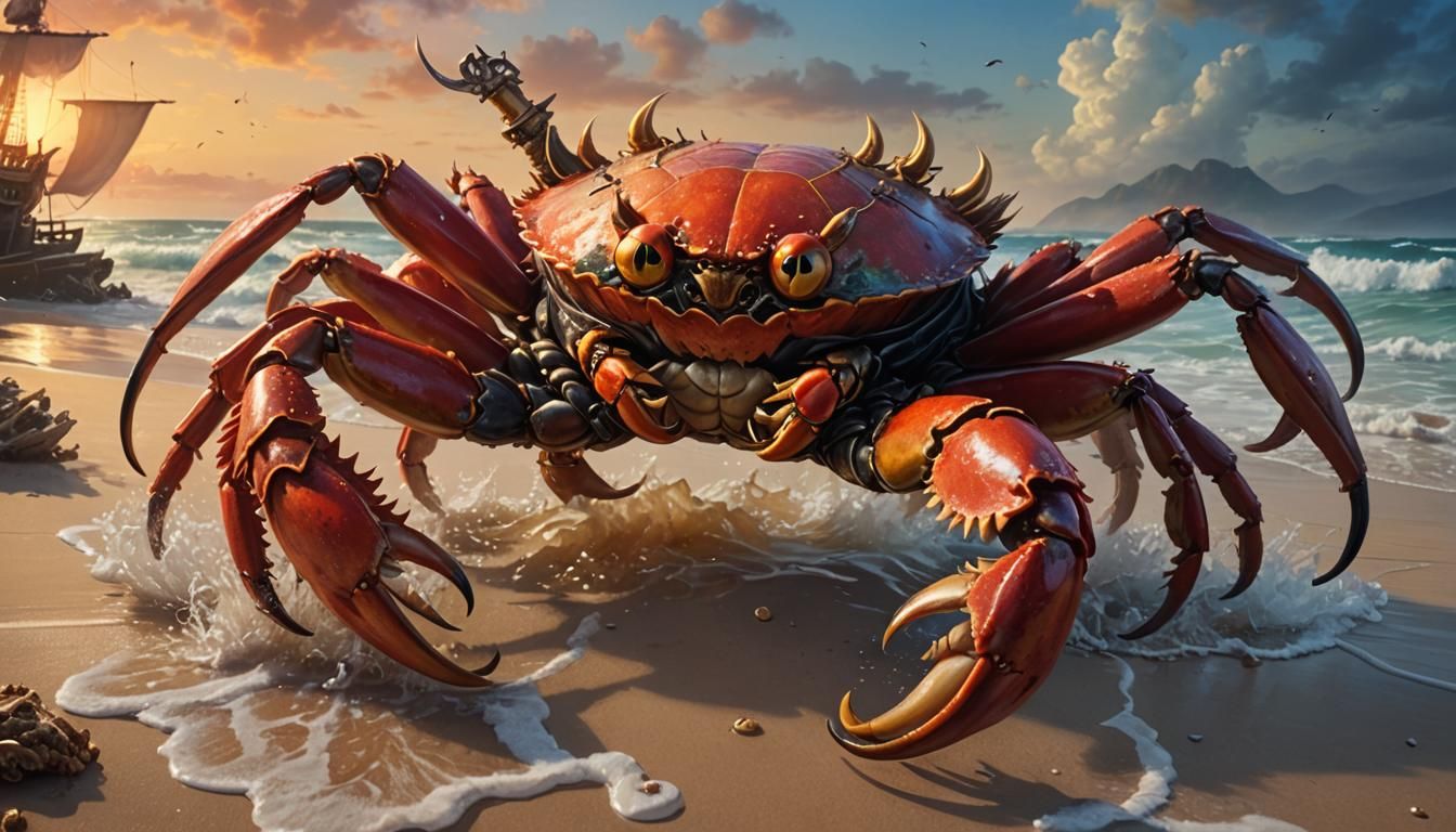 Pirate Riding Crab on Beach, Digital Painting