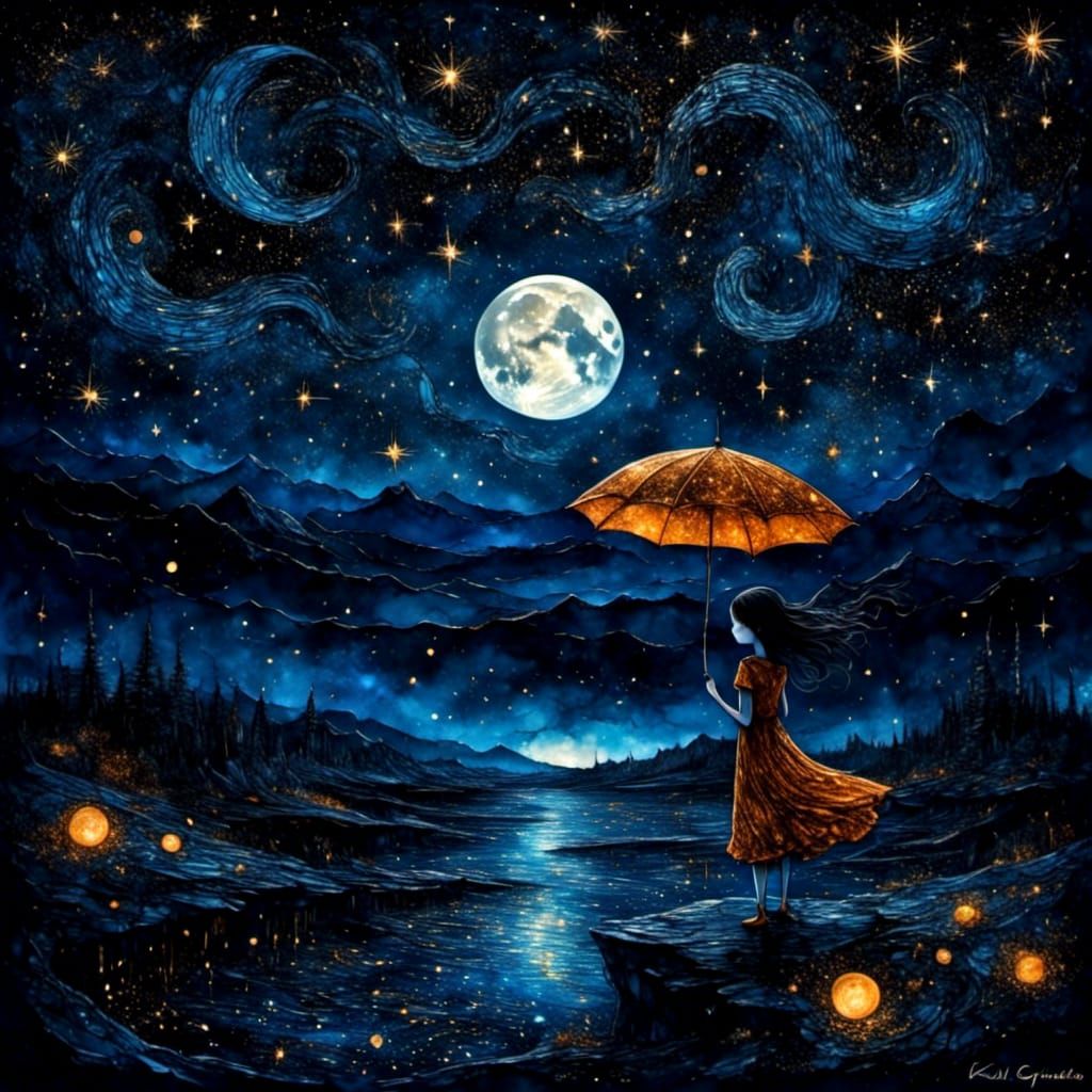 A Girl Writes Under the Whimsical Celestial Sky