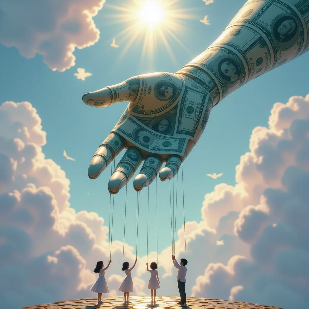 Giant Hand of Money Controls Tiny Anime Figures