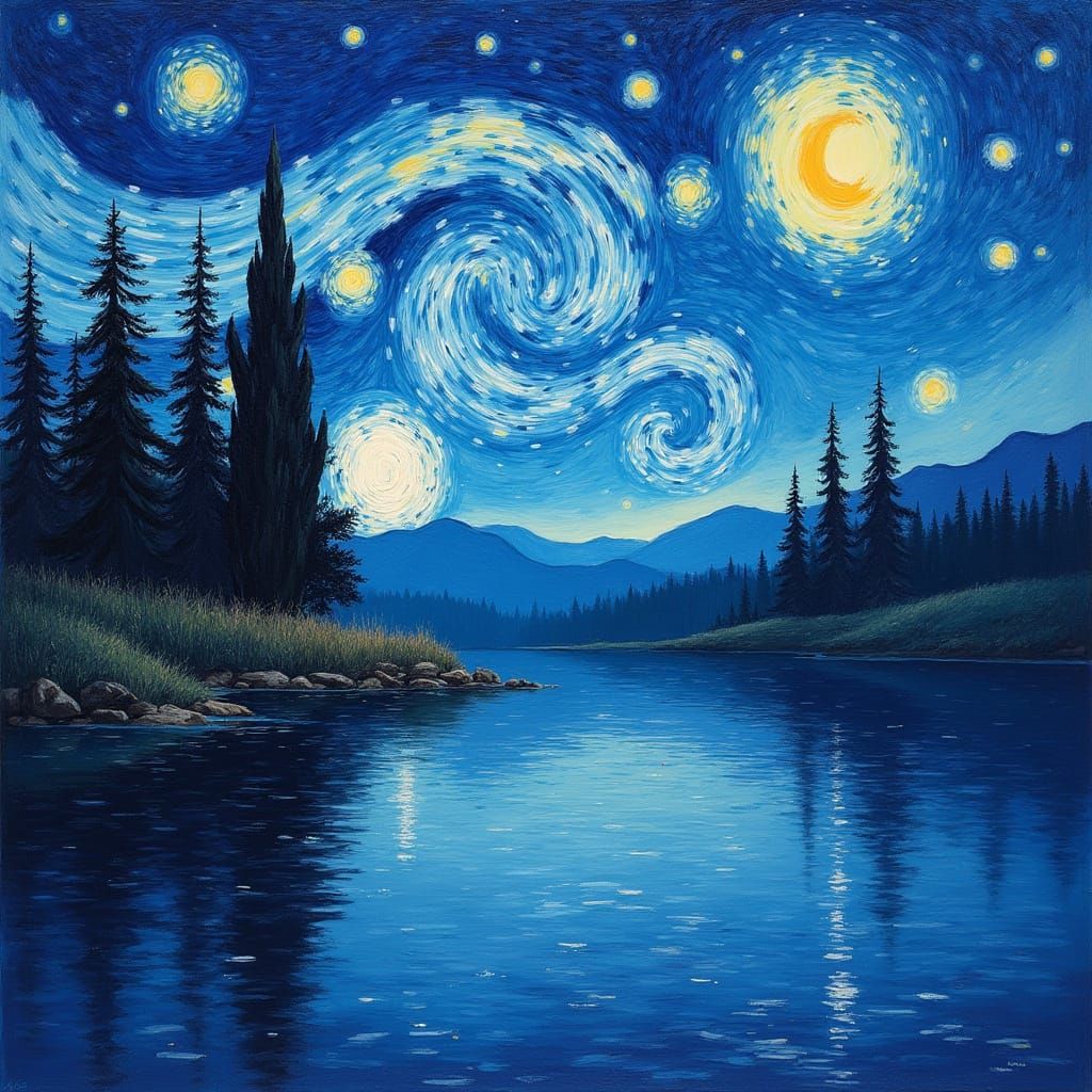 Starry Night Lake Reflecting Cypress Trees in Impressionism