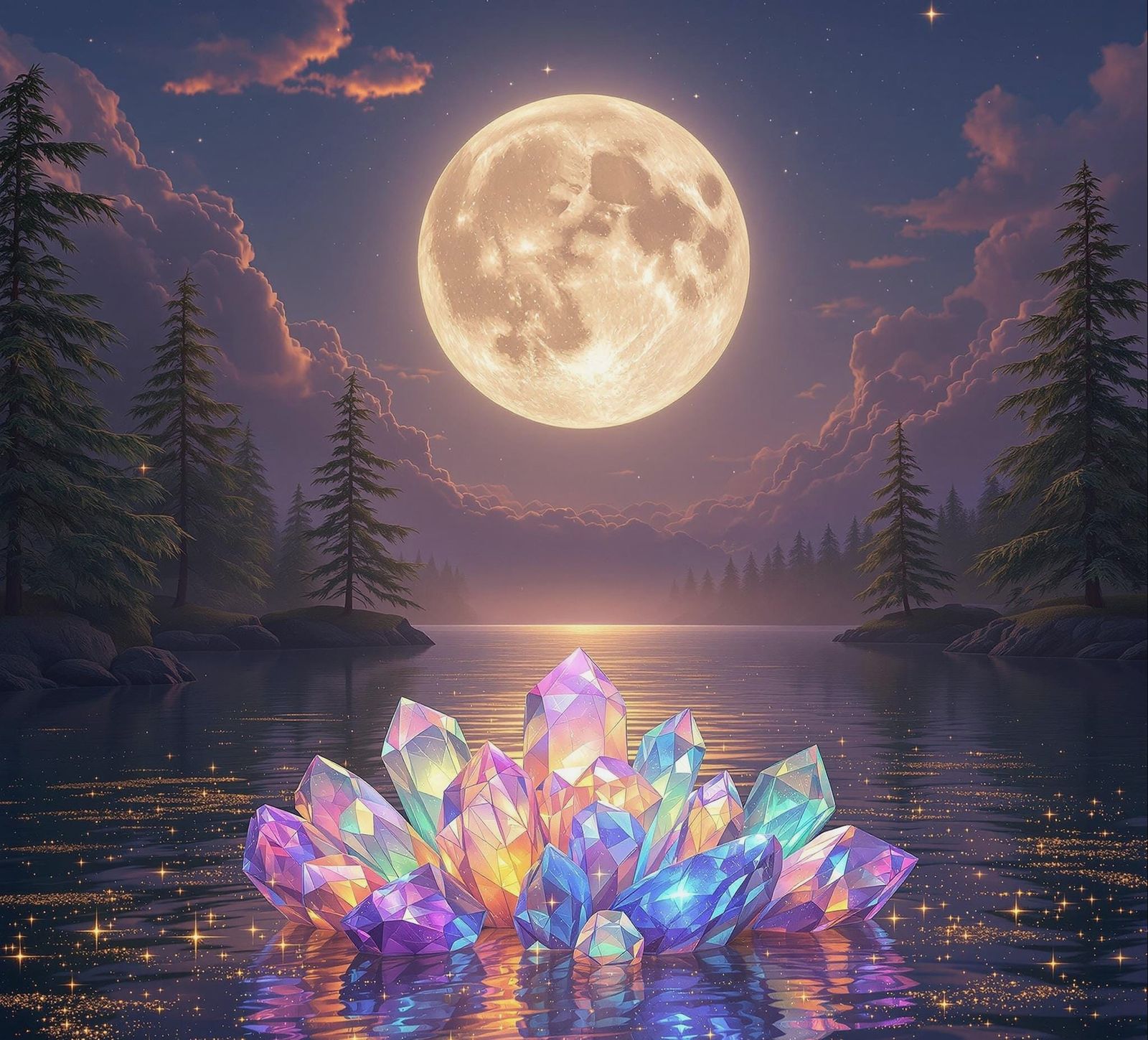 Ethereal Moonlit Lake Scene with Sparkling Crystals