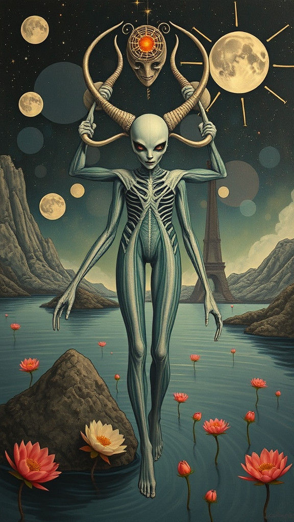 Xenomorphic Vitruvian Human in Impressionist Style