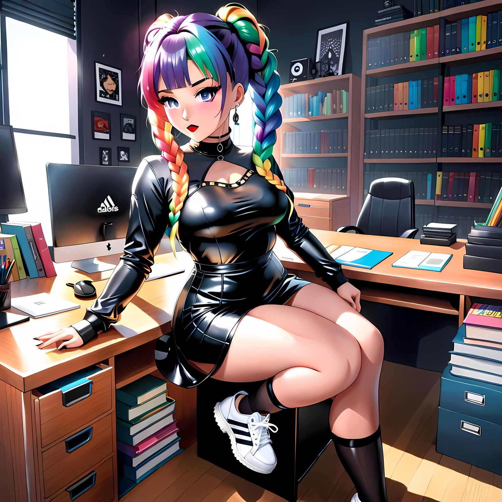Anime Librarian in Latex Dress, Cel-Shaded Manga Art