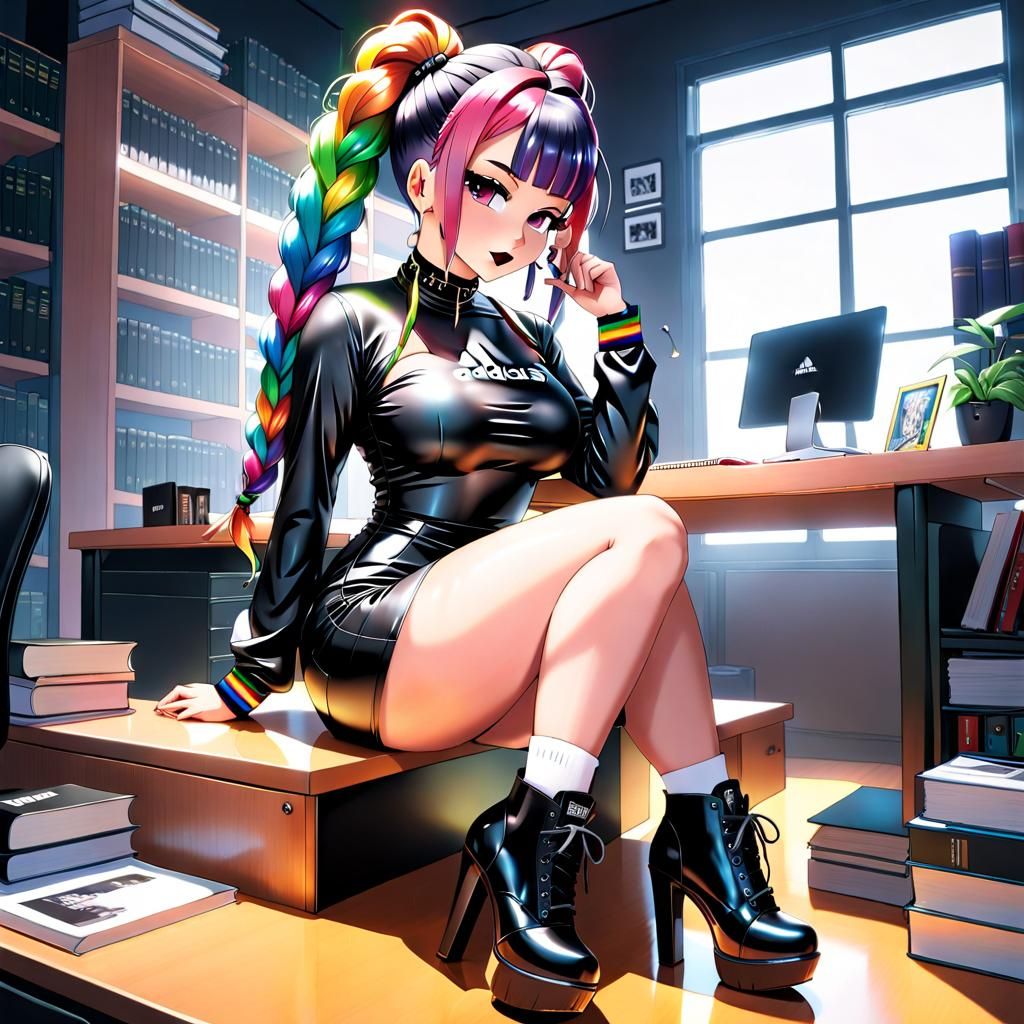 Anime Librarian in Latex Dress Slav Squat