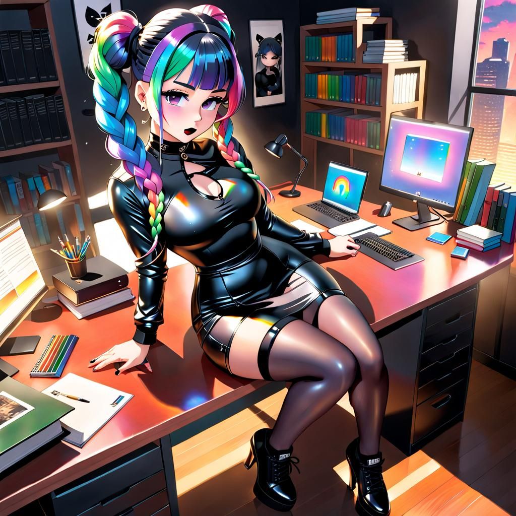 Anime Librarian in Latex Dress and Sneakers