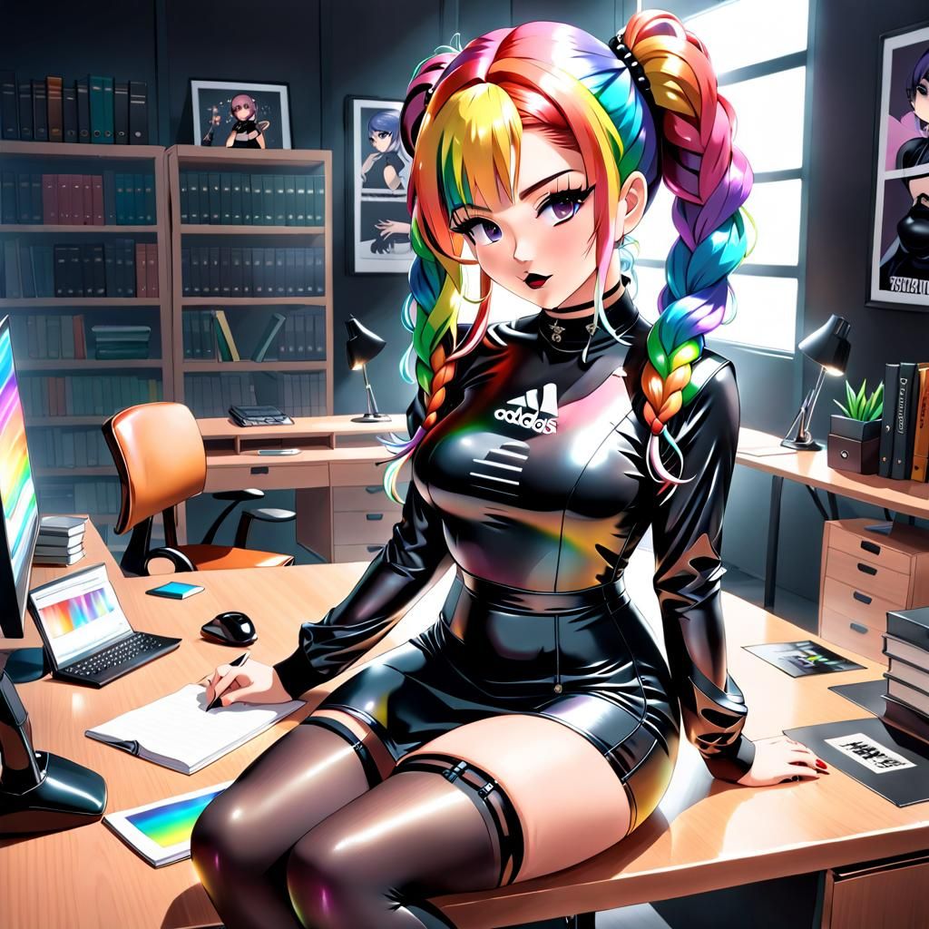 Anime Librarian in Latex Dress - Cel-Shaded Style