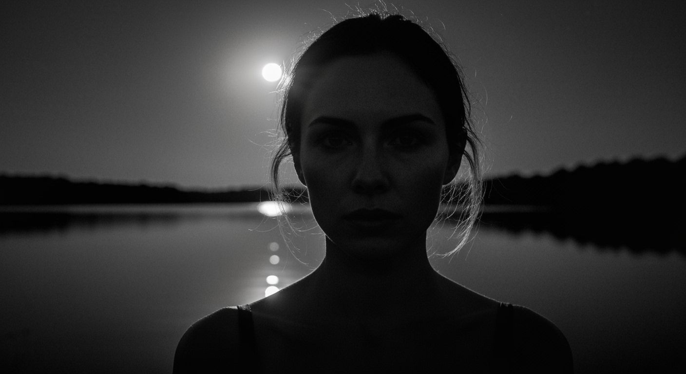 Monochrome Portrait of Woman by Moonlit Lake