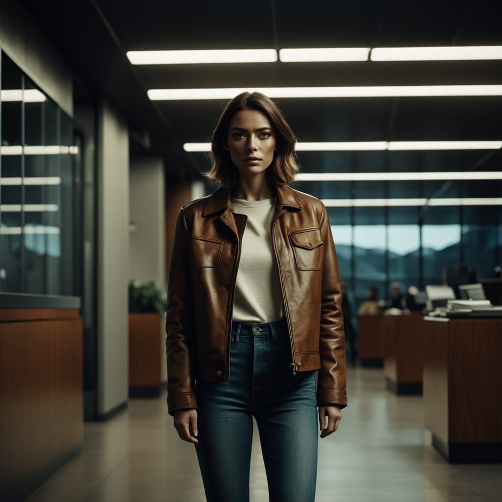 Young Woman in Warmly Lit Office Lobby, Cinematic Film Still