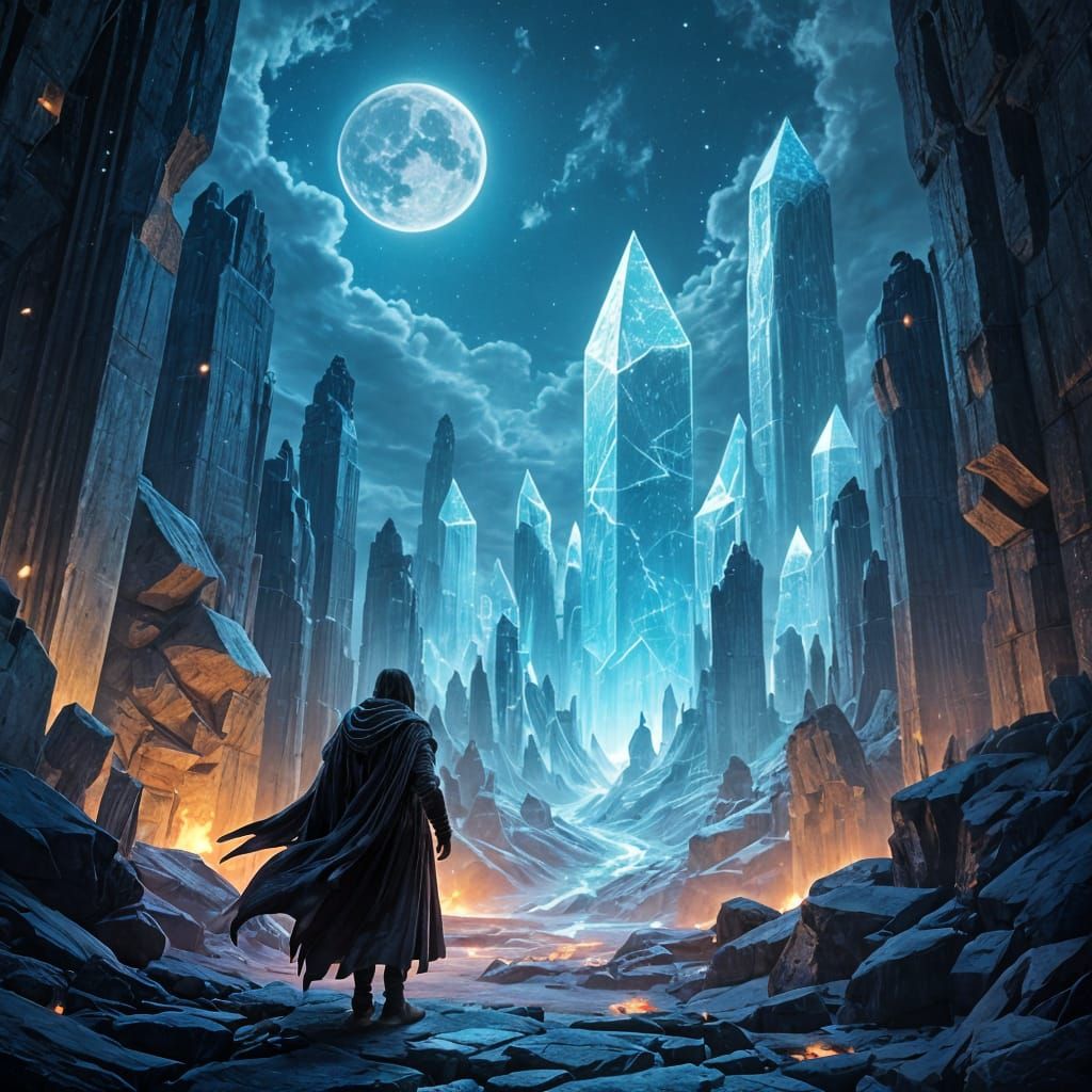 Weary Traveler in Crystal Labyrinth Under Twin Moons