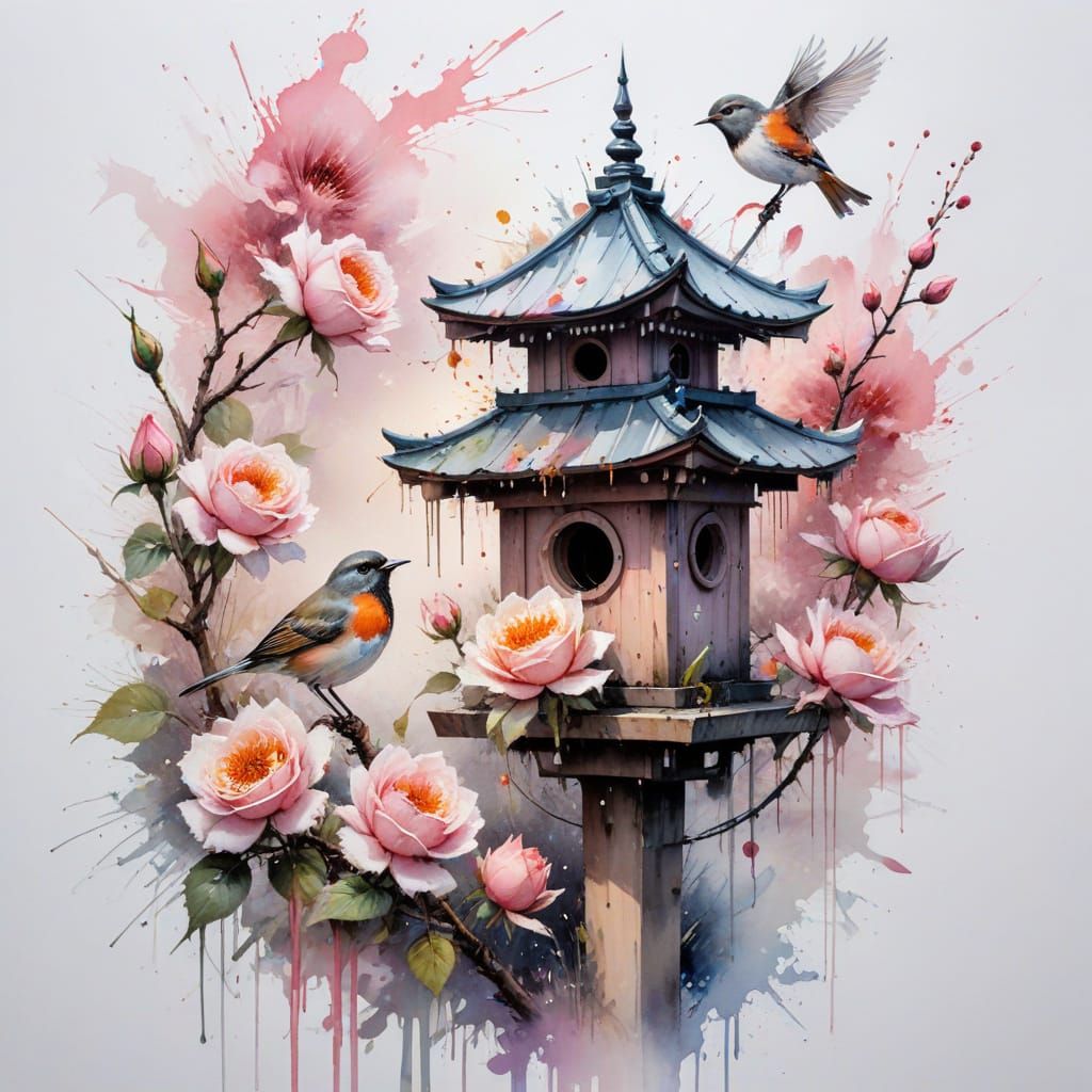 Japanese Pagoda Birdhouse Stamp in Watercolour Style