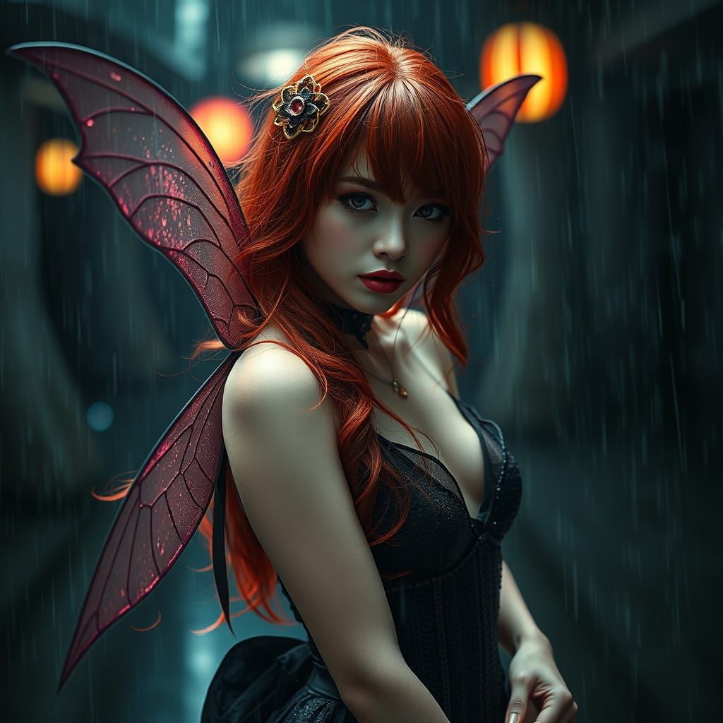 Sensual Cyberpunk Fairy in Japanese Rain