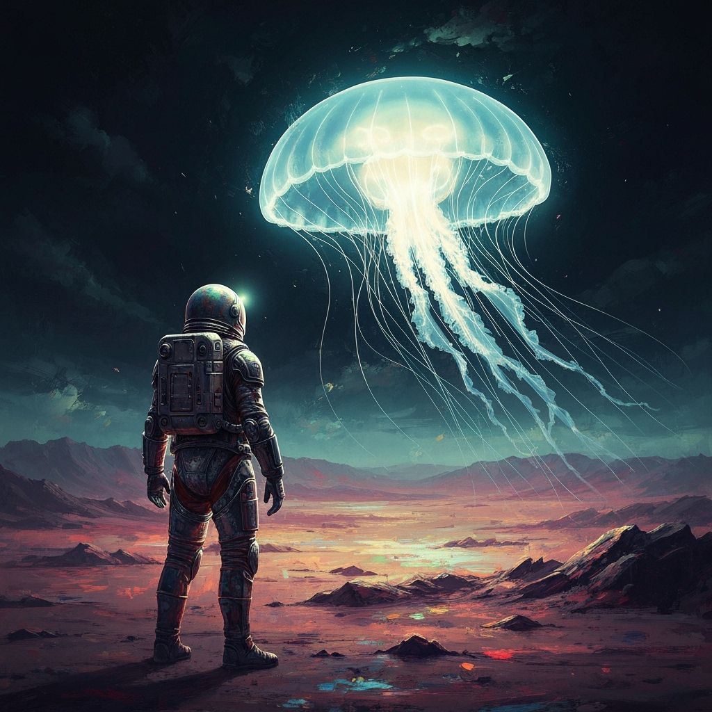 Astronaut and Glowing Jellyfish on Alien Planet