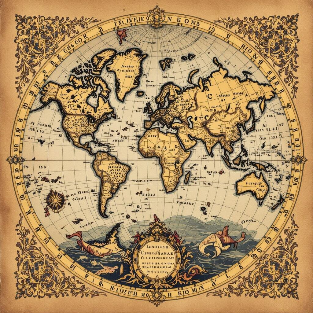 Ornate Vintage World Map with Mythical Creatures