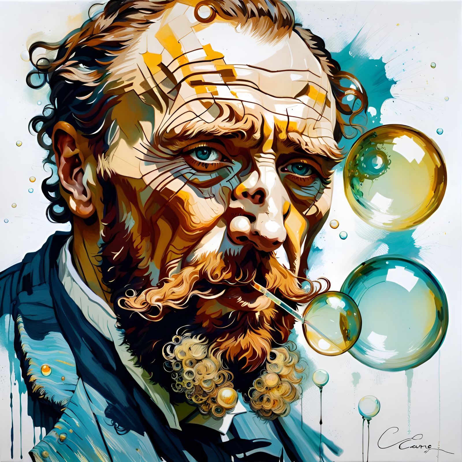 Van Gogh Blowing Bubbles in Watercolor Style