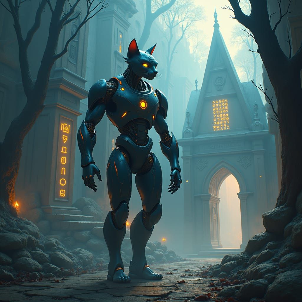Majestic Robocat in Mystical Cityscape