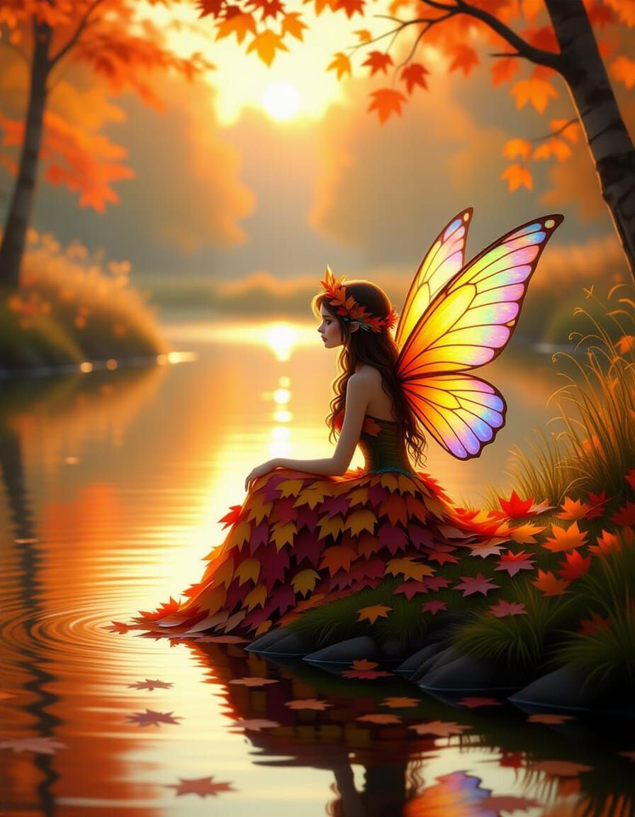 Autumn Fairy Gazing at Golden Pond Landscape